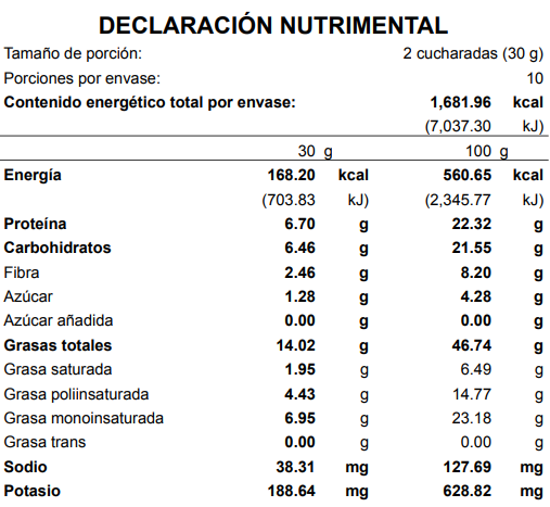 Tabla nutrimental Vainilla